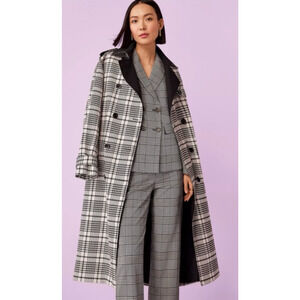 NEW ANN TAYLOR BLACK WHITE TWILL PLAID TRENCH COAT SZ XXL